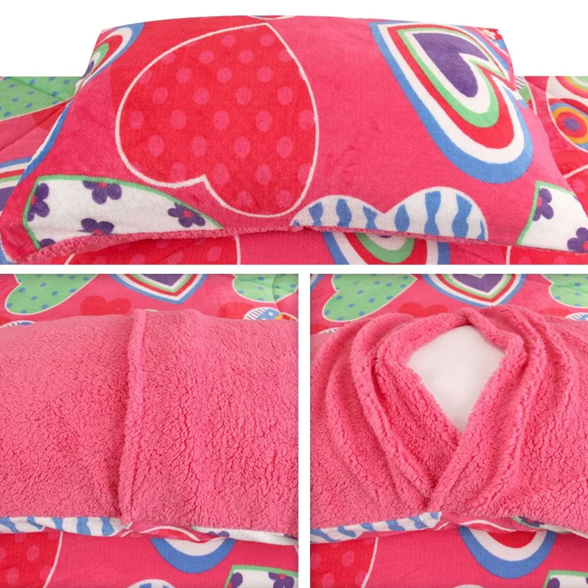 Ramesses Pink Heart Printed Sherpa Flannel Fleece Reversible Blanket Set Single/Double V442-KIT-BLANKET-SHERPAHEART-PINK-DS