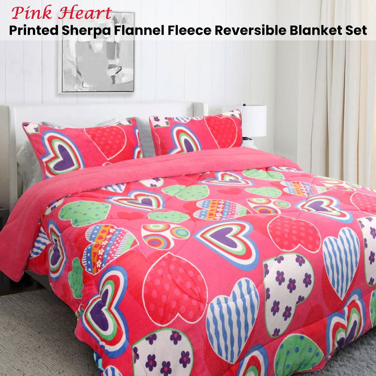 Ramesses Pink Heart Printed Sherpa Flannel Fleece Reversible Blanket Set Queen/King V442-KIT-BLANKET-SHERPAHEART-PINK-QS