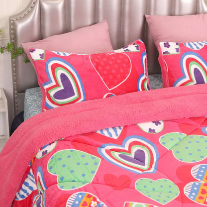 Ramesses Pink Heart Printed Sherpa Flannel Fleece Reversible Blanket Set Queen/King V442-KIT-BLANKET-SHERPAHEART-PINK-QS