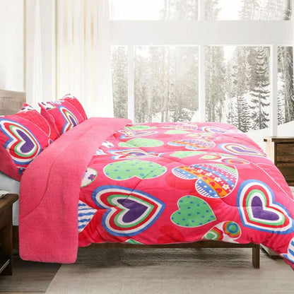 Ramesses Pink Heart Printed Sherpa Flannel Fleece Reversible Blanket Set Queen/King V442-KIT-BLANKET-SHERPAHEART-PINK-QS