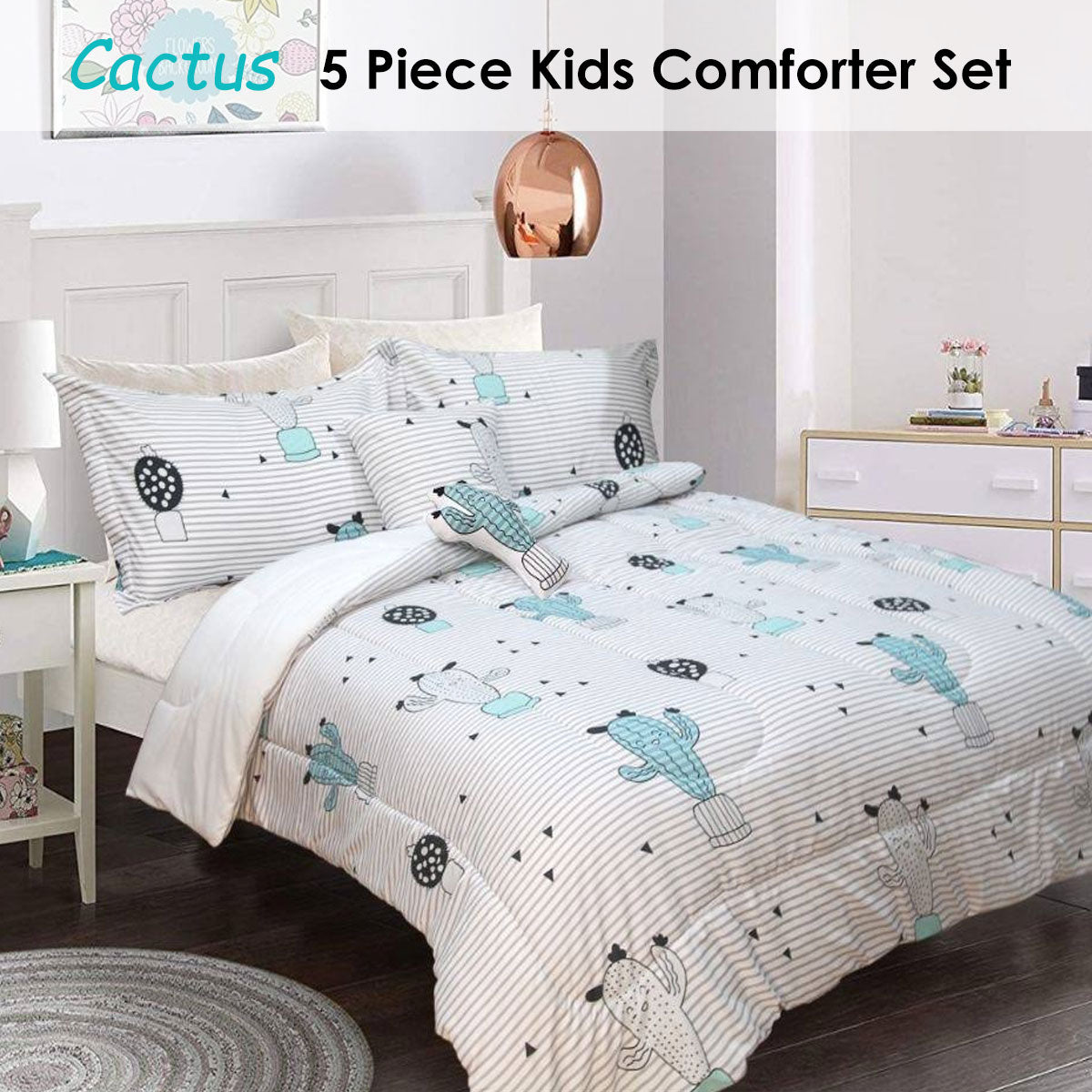 Ramesses 5 Piece Kids Comforter Set Cactus Single V442-KIT-COMFORTER-3PCESCACTUS-BLUE-SB