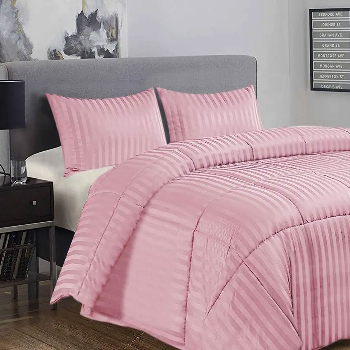 Ramesses 3 Piece Damask Stripe Comforter Set King Pink V442-KIT-COMFORTER-3PCESDAMASK-PINK-KI
