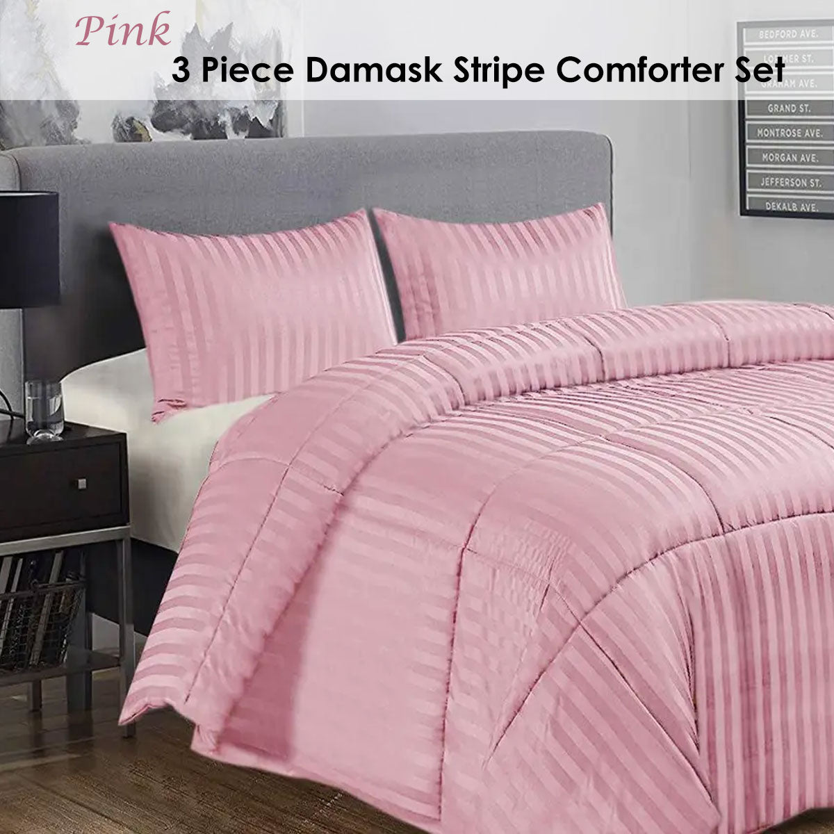 Ramesses 3 Piece Damask Stripe Comforter Set King Pink V442-KIT-COMFORTER-3PCESDAMASK-PINK-KI