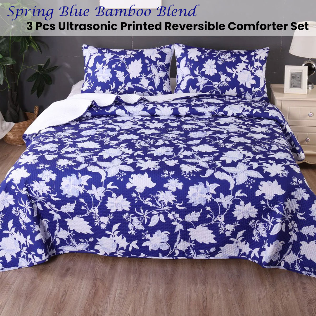 Ramesses Spring Blue 3 Pcs Bamboo Blend Ultrosonic Reversible Comforter Set King V442-KIT-COMFORTER-3PCSSPRING-BLUE-KI