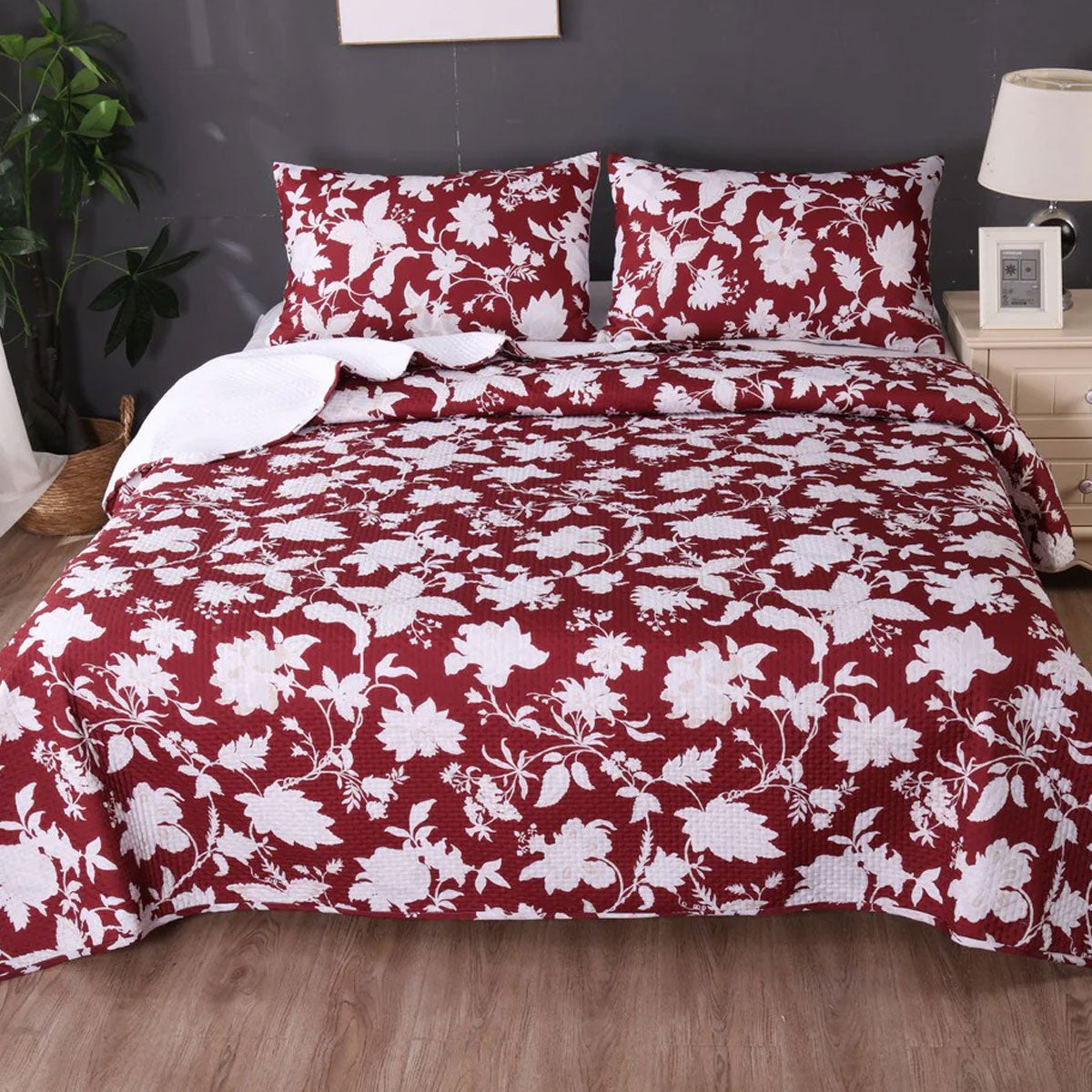 Ramesses Spring Red 3 Pcs Bamboo Blend Ultrosonic Reversible Comforter Set King V442-KIT-COMFORTER-3PCSSPRING-RED-KI