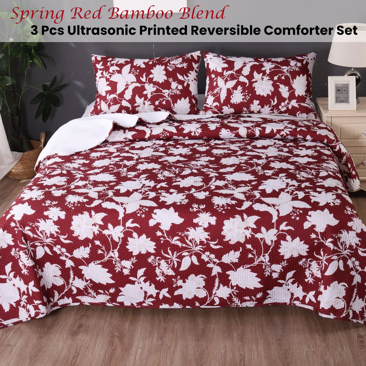 Ramesses Spring Red 3 Pcs Bamboo Blend Ultrosonic Reversible Comforter Set King V442-KIT-COMFORTER-3PCSSPRING-RED-KI
