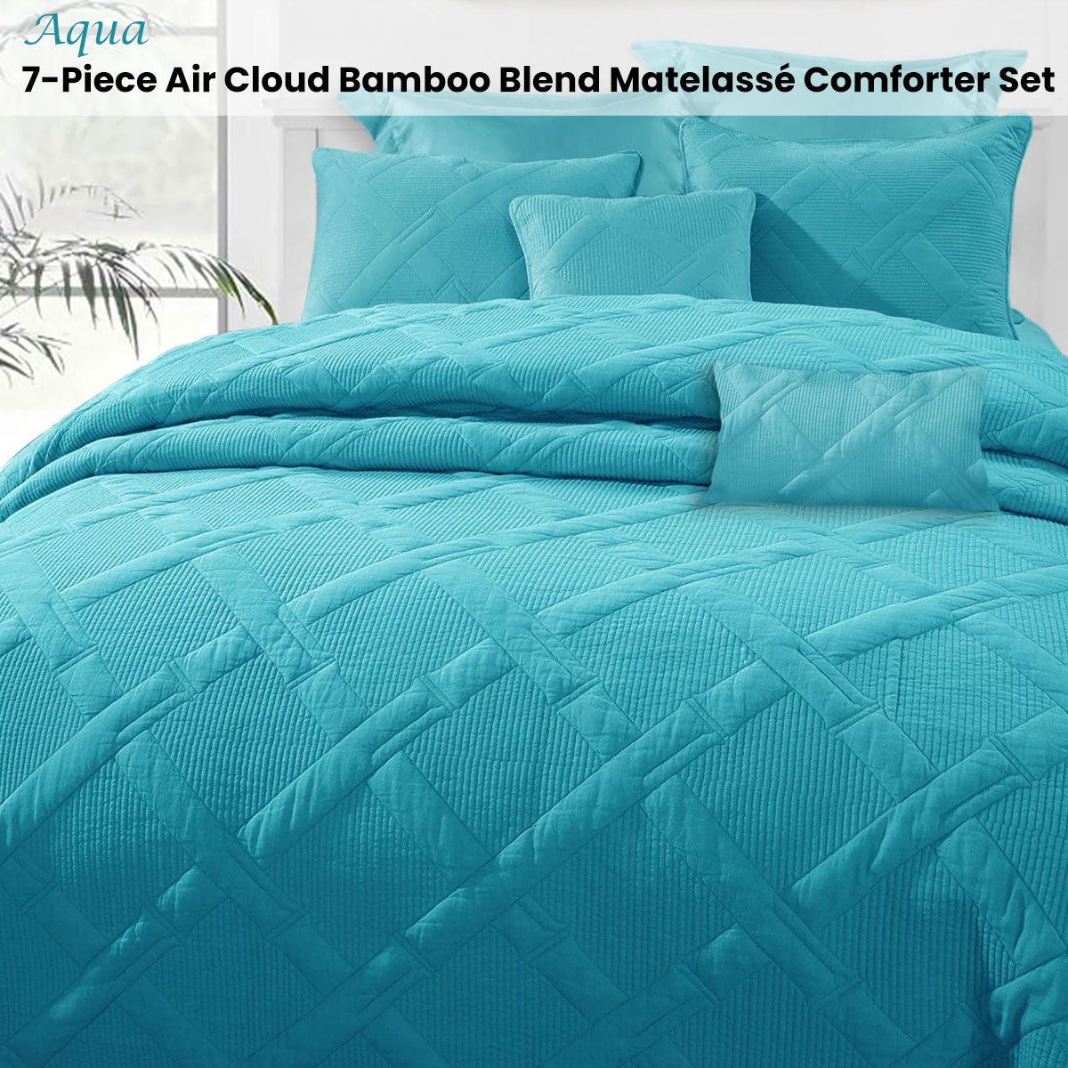Ramesses Aqua 7- Piece Air Cloud Bamboo Blend Matelasse Comfort Set Queen V442-KIT-COMFORTER-7PCAIRCLOUD-AQUA-QS