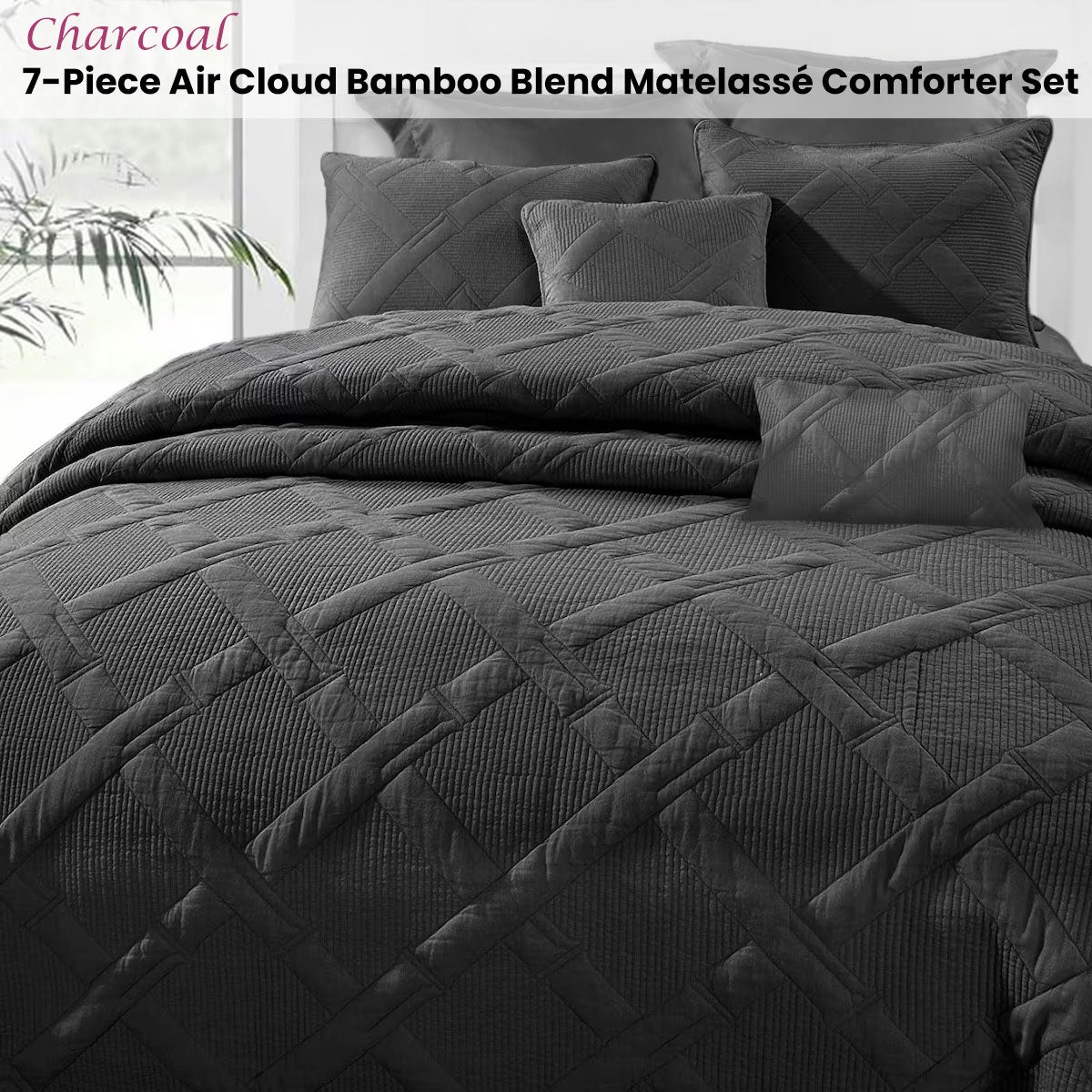 Ramesses Charcoal 7- Piece Air Cloud Bamboo Blend Matelasse Comfort Set Queen V442-KIT-COMFORTER-7PCAIRCLOUD-CHARCOAL-QS