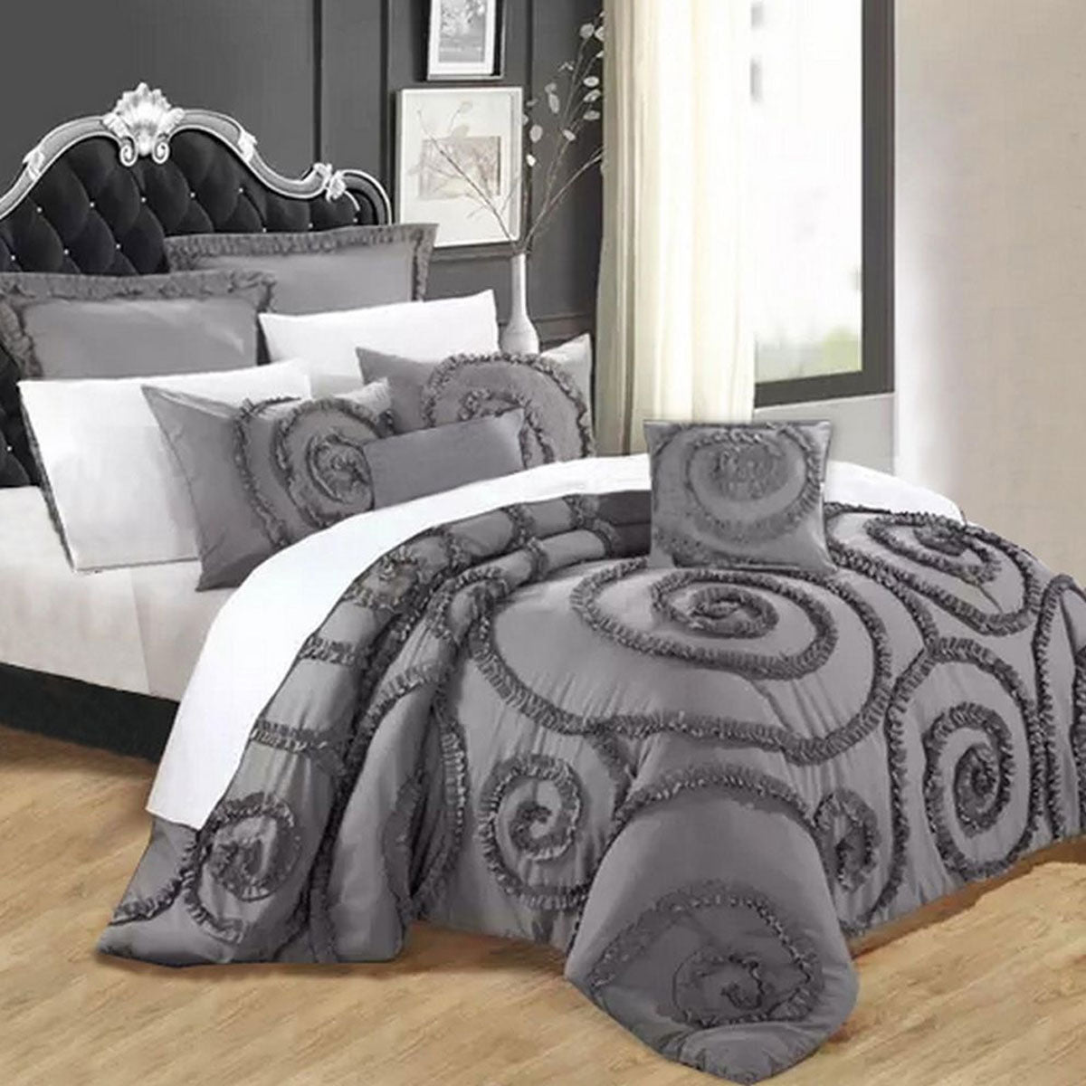 Ramesses Floral Ruffled Charcoal 7 Pcs Deluxe Comforter Set Queen V442-KIT-COMFORTER-7PCSFLORAL-CHARCOAL-QS