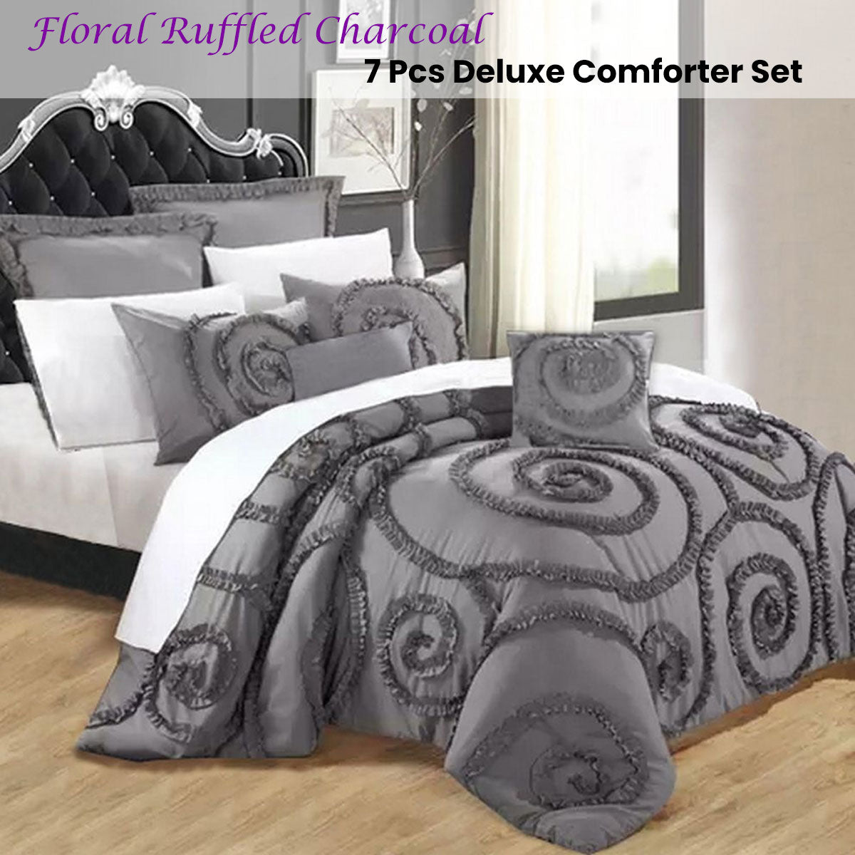 Ramesses Floral Ruffled Charcoal 7 Pcs Deluxe Comforter Set Queen V442-KIT-COMFORTER-7PCSFLORAL-CHARCOAL-QS