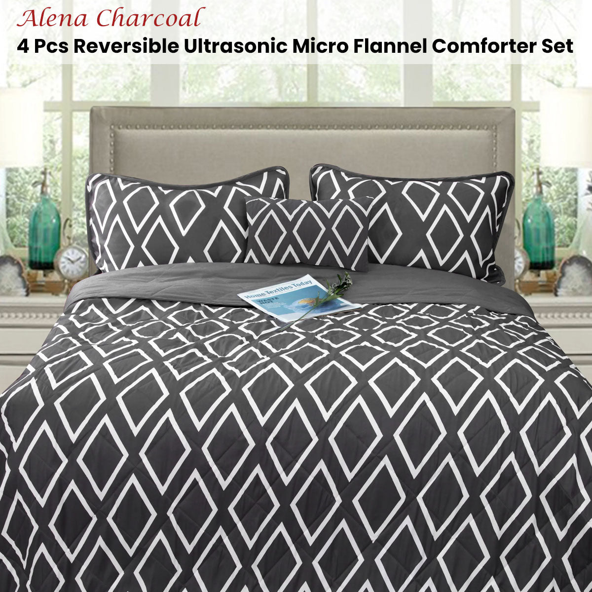 Ramesses Alena Charcoal 4 Pcs Ultrasonic Comforter Set Queen V442-KIT-COMFORTER-ALENA4PCS-CHARCOAL-QS