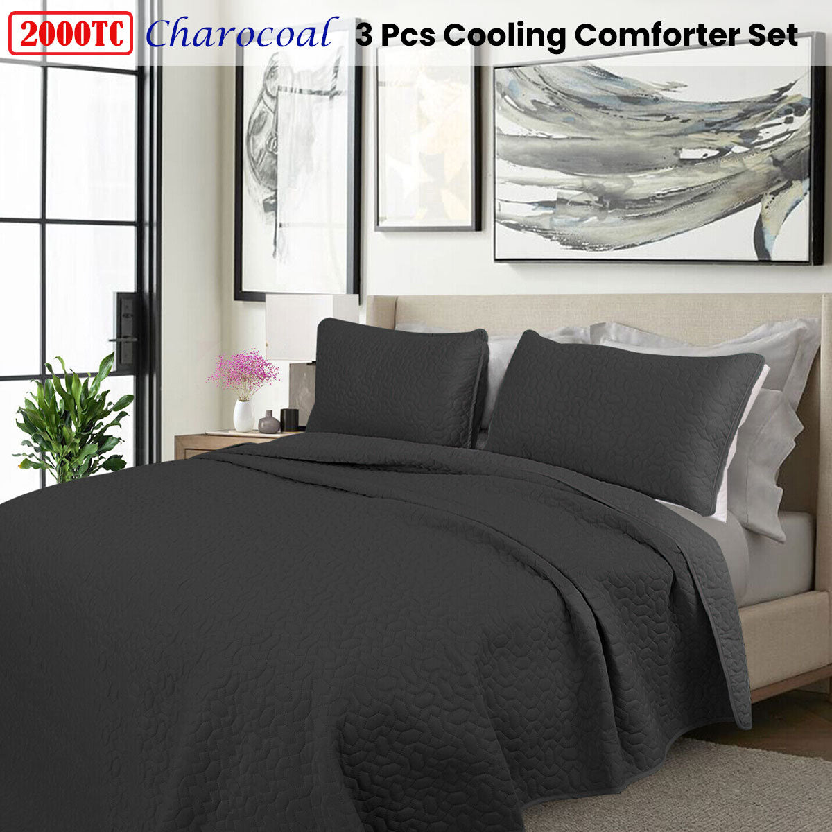 Shangri La 2000TC Charcoal Cooling Embroidered 3 Pcs Comforter Set King V442-KIT-COMFORTER-COOLING-CHARCOAL-KI