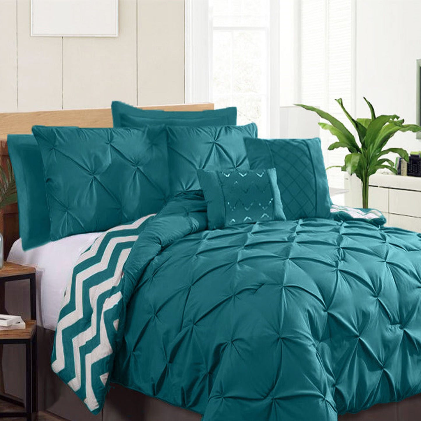 Ramesses 7 Piece Pinch Pleat Comforter Set Teal Queen V442-KIT-COMFORTER-PINCHPLEAT-TEAL-QS