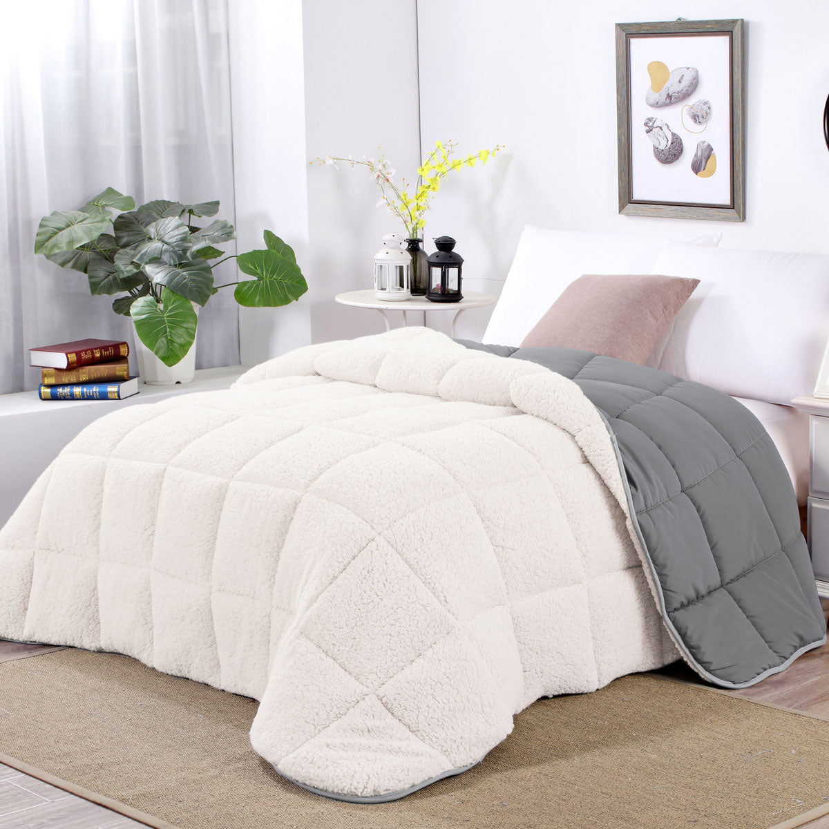 Shangri La Sleet Sherpa Fleece Reversible 3 Pcs Comforter Set Queen V442-KIT-COMFORTER-SHERPAFLEECE-SLEET-QS