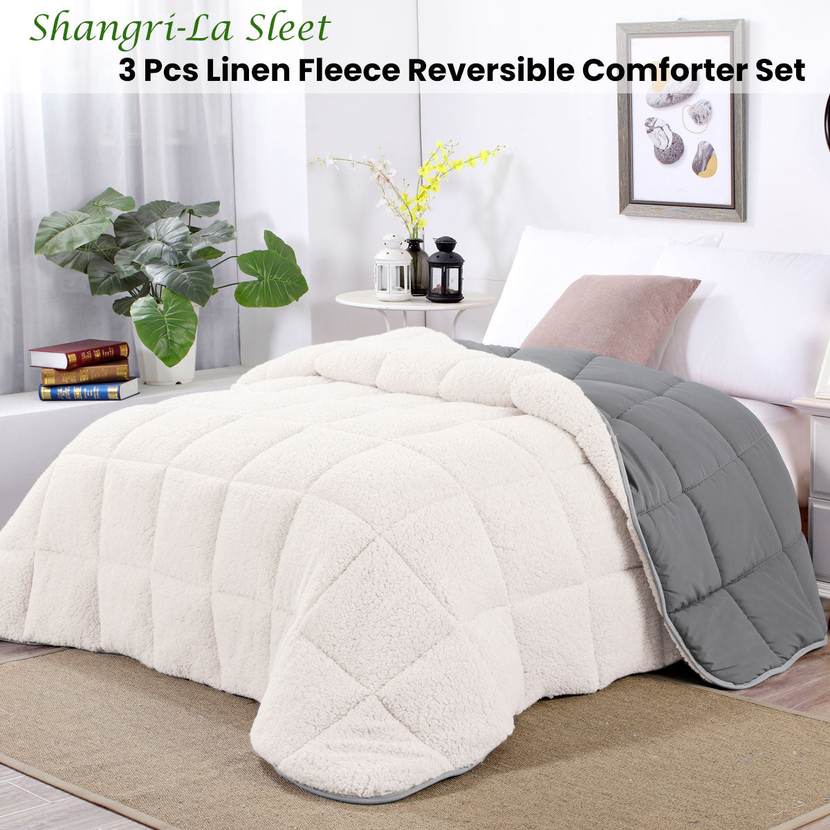 Shangri La Sleet Sherpa Fleece Reversible 3 Pcs Comforter Set Queen V442-KIT-COMFORTER-SHERPAFLEECE-SLEET-QS