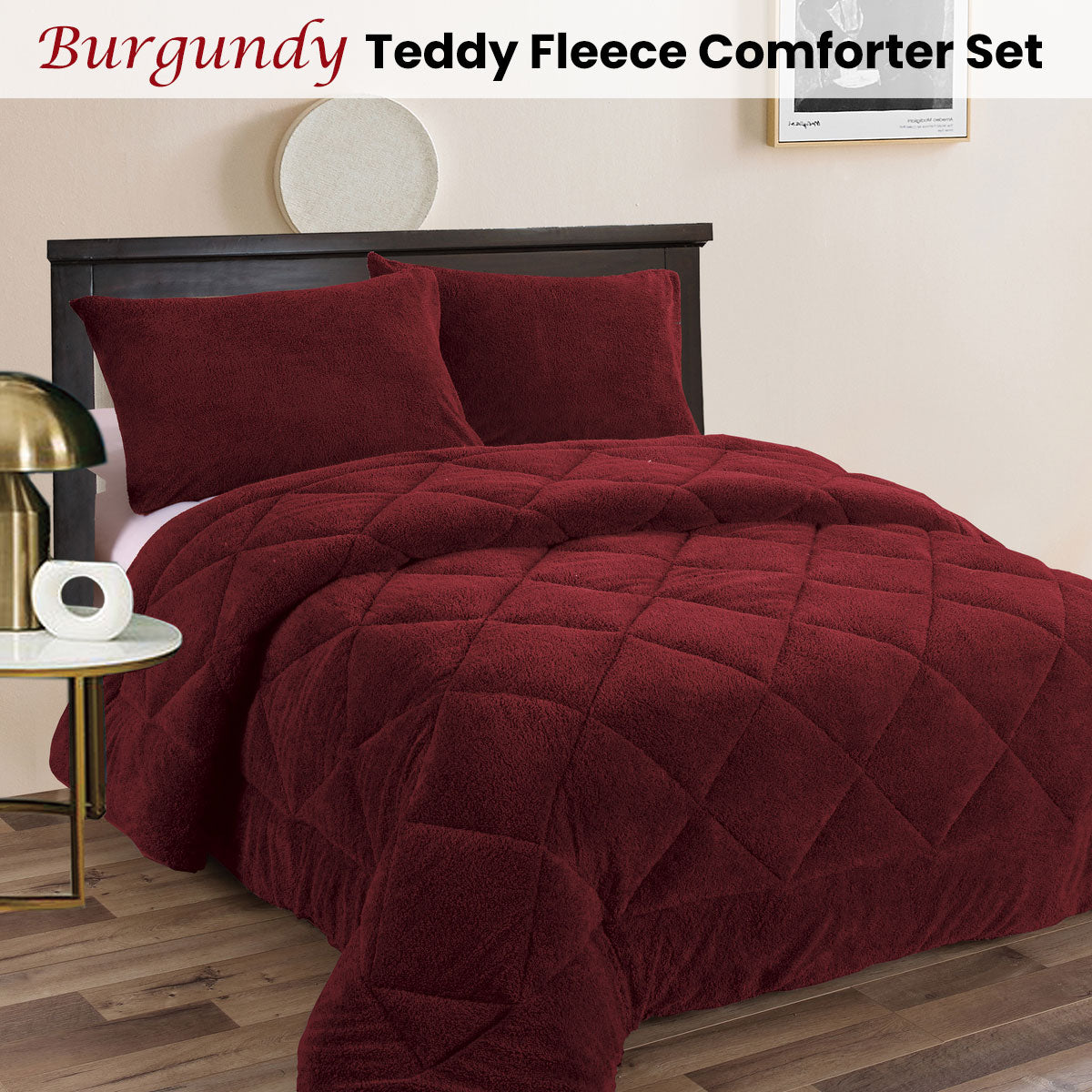 Ramesses Teddy Fleece 3 Pcs Comforter Set Burgundy King V442-KIT-COMFORTER-TEDDY-BURGUNDY-KI