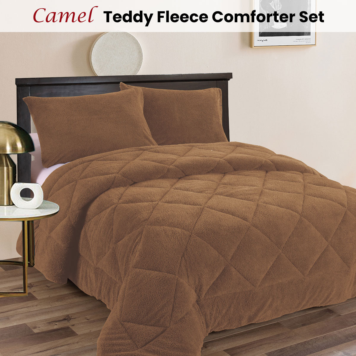 Ramesses Teddy Fleece 3 Pcs Comforter Set Camel Queen V442-KIT-COMFORTER-TEDDY-CAMEL-QS