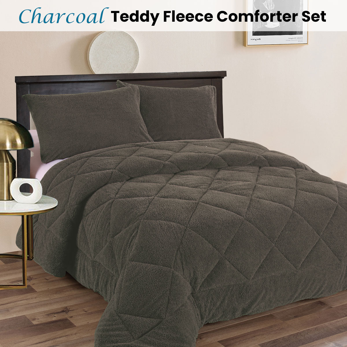 Ramesses Teddy Fleece 3 Pcs Comforter Set Charcoal King V442-KIT-COMFORTER-TEDDY-CHARCOAL-KI