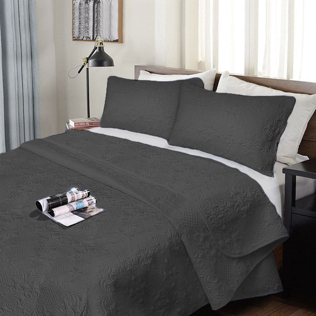Ramesses 3 Piece Ultrasonic Comforter Set Queen Charcoal V442-KIT-COMFORTER-ULTRASONIC-CHARCOAL-QS