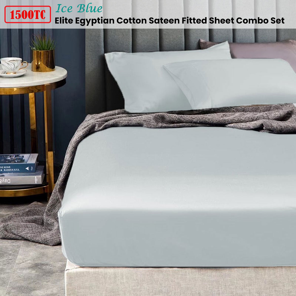 Ramesses 1500TC Elite Egyptian Cotton Sateen Fitted Sheet Combo Set Ice Blue Queen V442-KIT-FITTEDSS-1500TCEGYPTIANC-ICEBLUE-QS