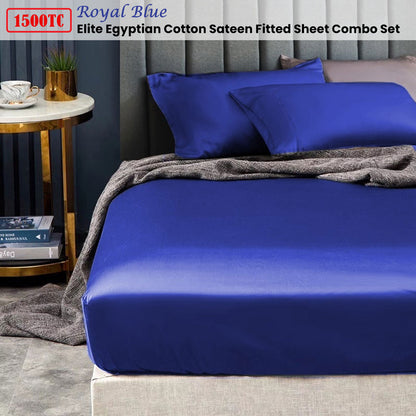 Ramesses 1500TC Elite Egyptian Cotton Sateen Fitted Sheet Combo Set Royal Blue Queen V442-KIT-FITTEDSS-1500TCEGYPTIANC-RBLUE-QS