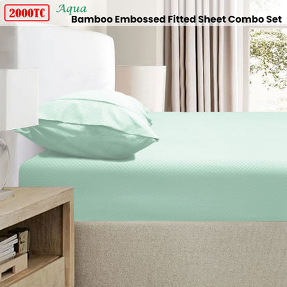 Ramesses 2000TC Bamboo Embossed Fitted Sheet Combo Set Aqua King Single V442-KIT-FITTEDSS-2000TCBAMBOO-AQUA-KS