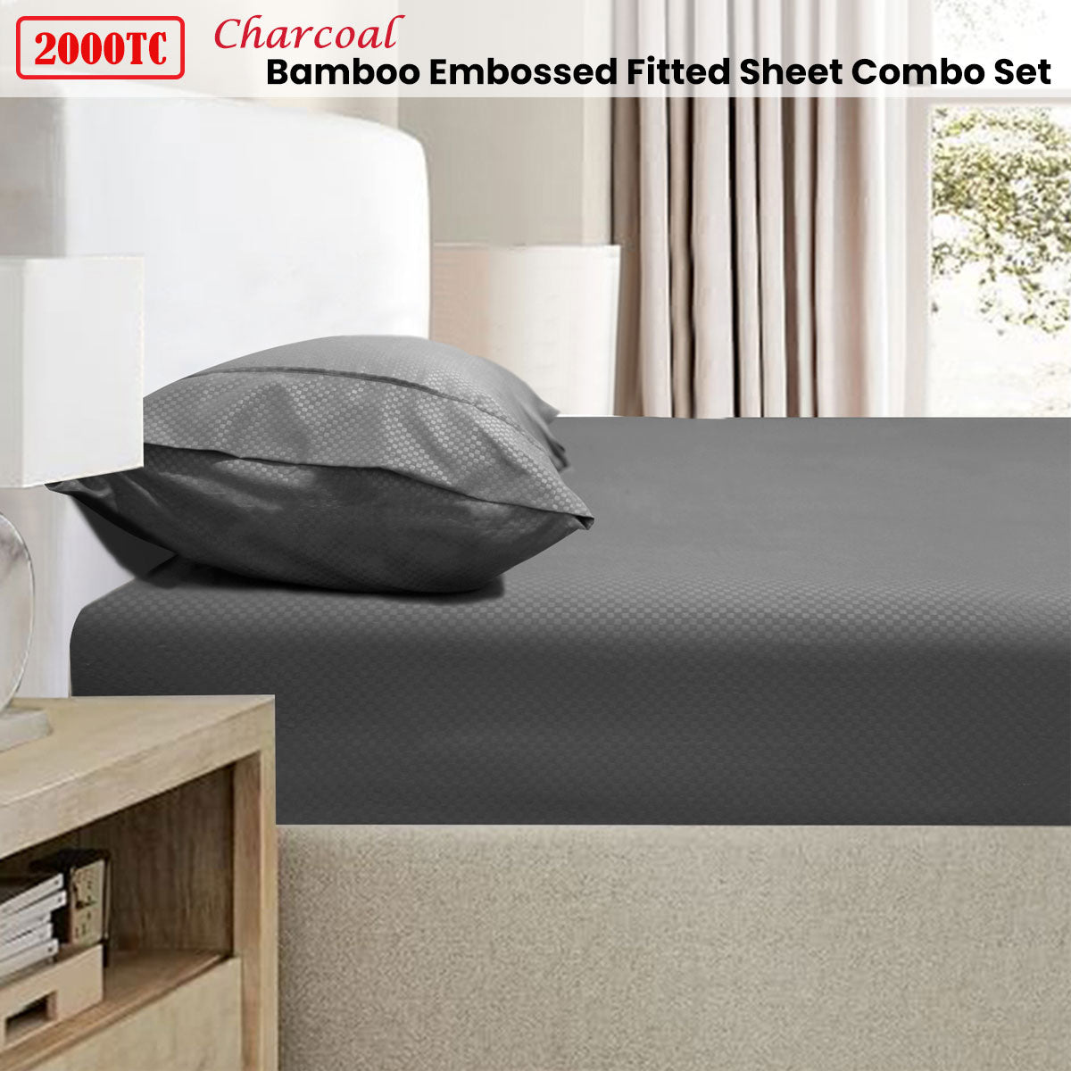Ramesses 2000TC Bamboo Embossed Fitted Sheet Combo Set Charcoal King Single V442-KIT-FITTEDSS-2000TCBAMBOO-CHARCOAL-KS