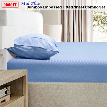 Ramesses 2000TC Bamboo Embossed Fitted Sheet Combo Set Mid Blue King Single V442-KIT-FITTEDSS-2000TCBAMBOO-MIDBLUE-KS