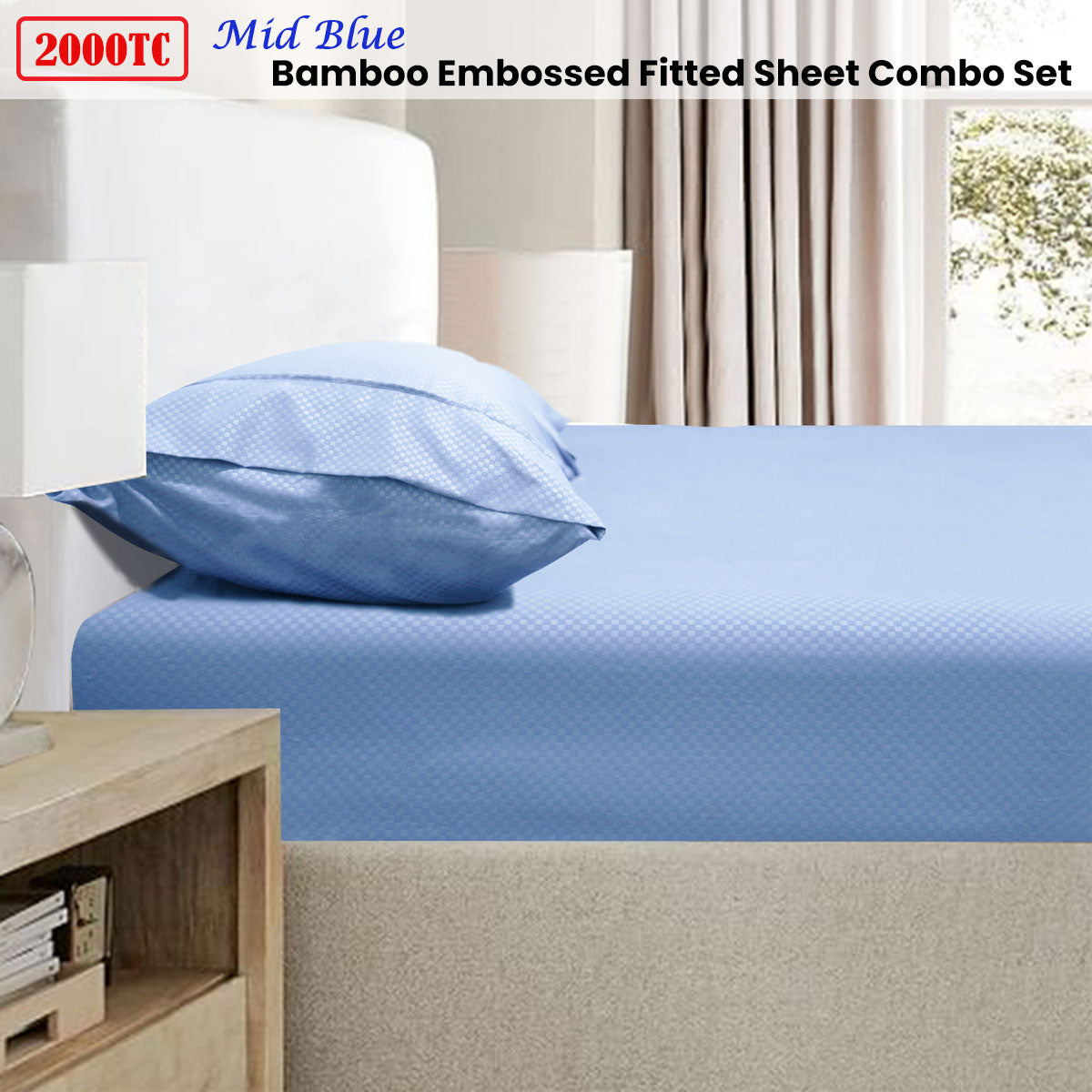 Ramesses 2000TC Bamboo Embossed Fitted Sheet Combo Set Mid Blue Single V442-KIT-FITTEDSS-2000TCBAMBOO-MIDBLUE-SB