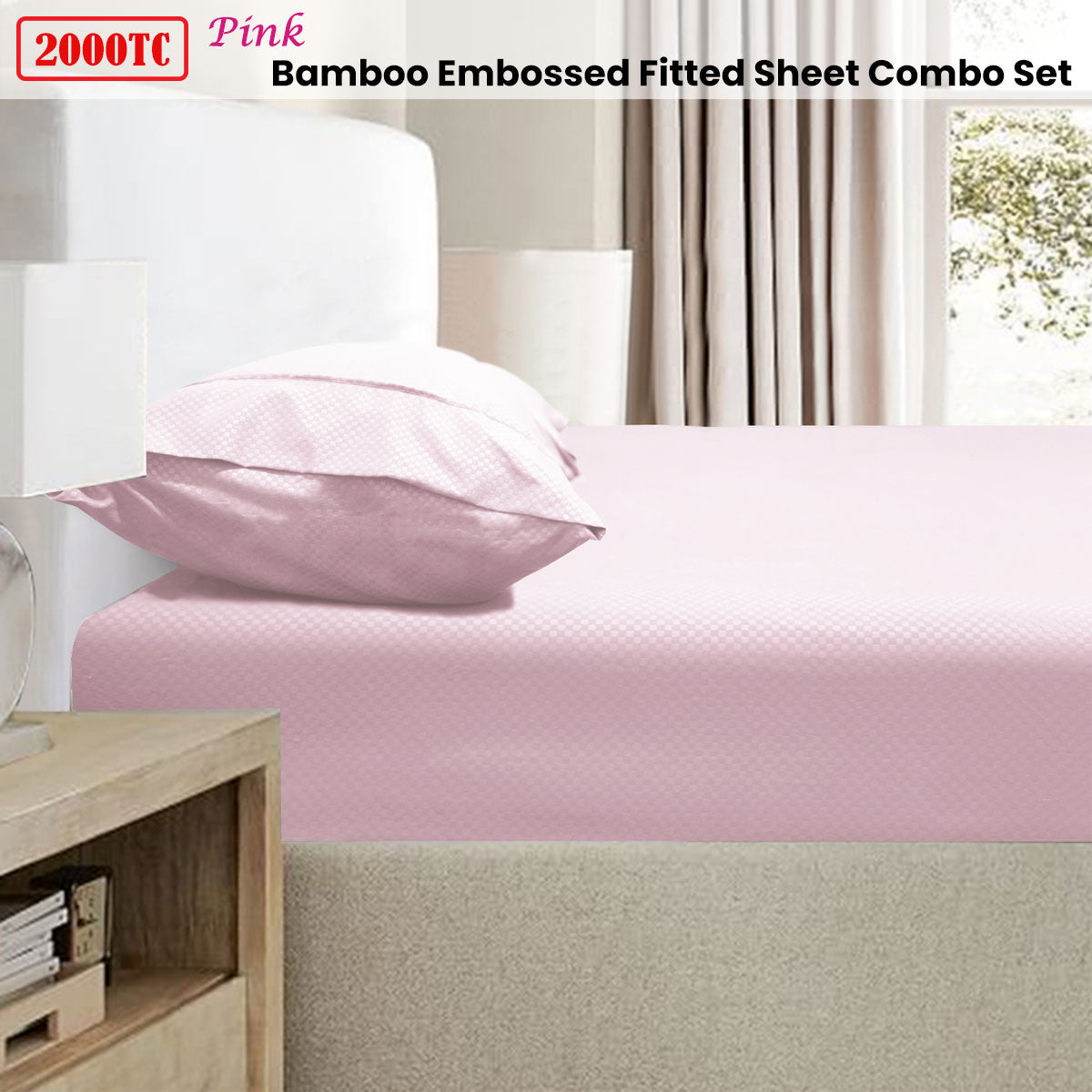 Ramesses 2000TC Bamboo Embossed Fitted Sheet Combo Set Pink Single V442-KIT-FITTEDSS-2000TCBAMBOO-PINK-SB