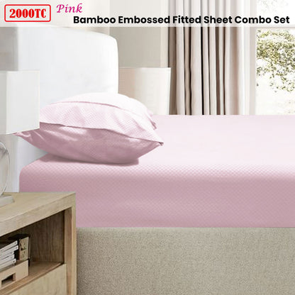 Ramesses 2000TC Bamboo Embossed Fitted Sheet Combo Set Pink Single V442-KIT-FITTEDSS-2000TCBAMBOO-PINK-SB