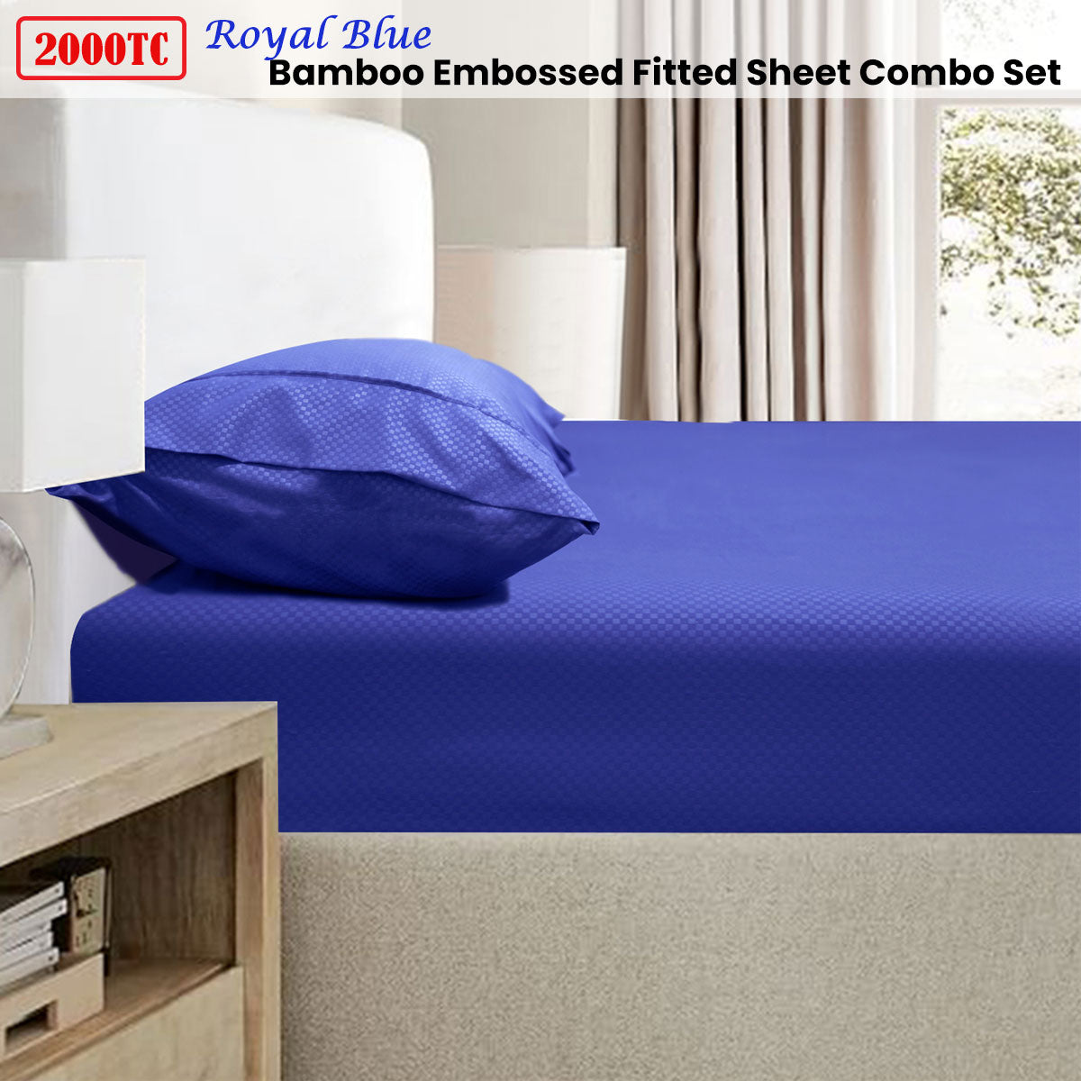 Ramesses 2000TC Bamboo Embossed Fitted Sheet Combo Set Royal Blue Double V442-KIT-FITTEDSS-2000TCBAMBOO-ROYALBLUE-DS