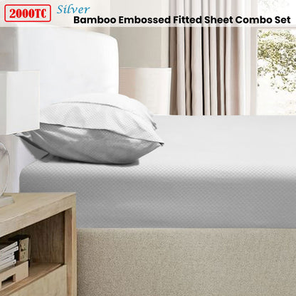 Ramesses 2000TC Bamboo Embossed Fitted Sheet Combo Set Silver King Single V442-KIT-FITTEDSS-2000TCBAMBOO-SILVER-KS