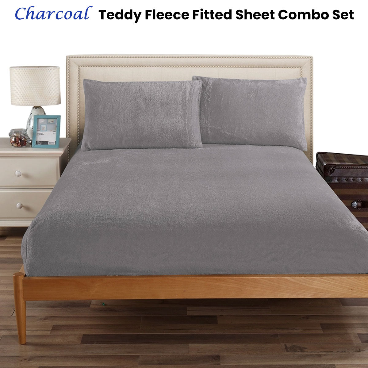 Ramesses Teddy Fleece Fitted Sheet Combo Set Charcoal King Single V442-KIT-FITTEDSS-TEDDYFLEECE-CHARCOAL-KS