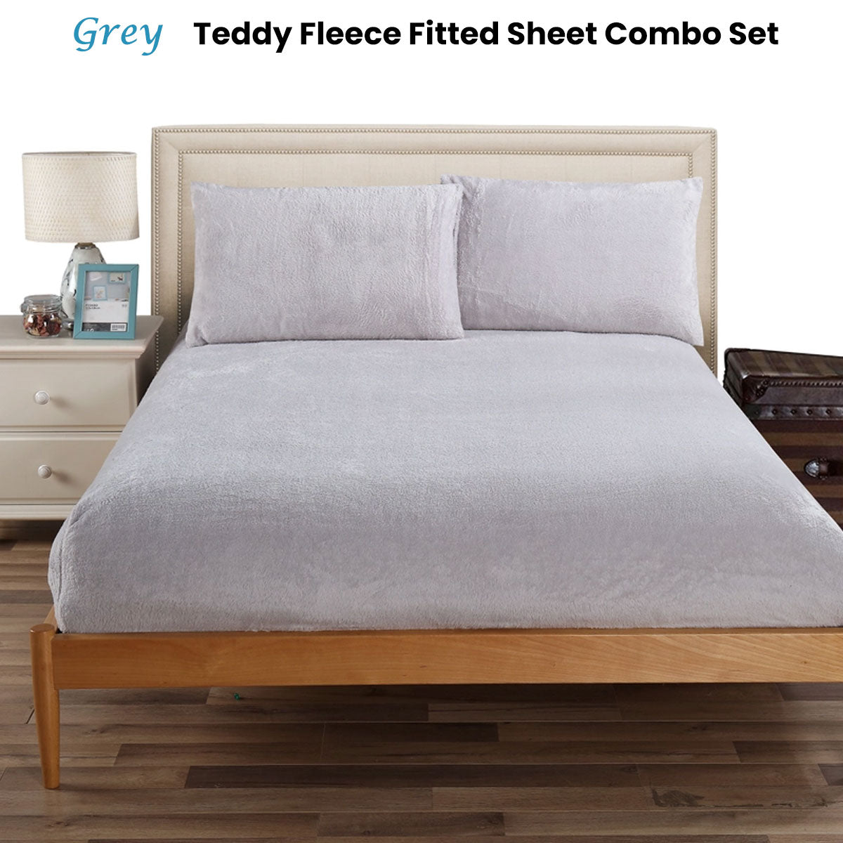 Ramesses Teddy Fleece Fitted Sheet Combo Set Grey Double V442-KIT-FITTEDSS-TEDDYFLEECE-GREY-DS