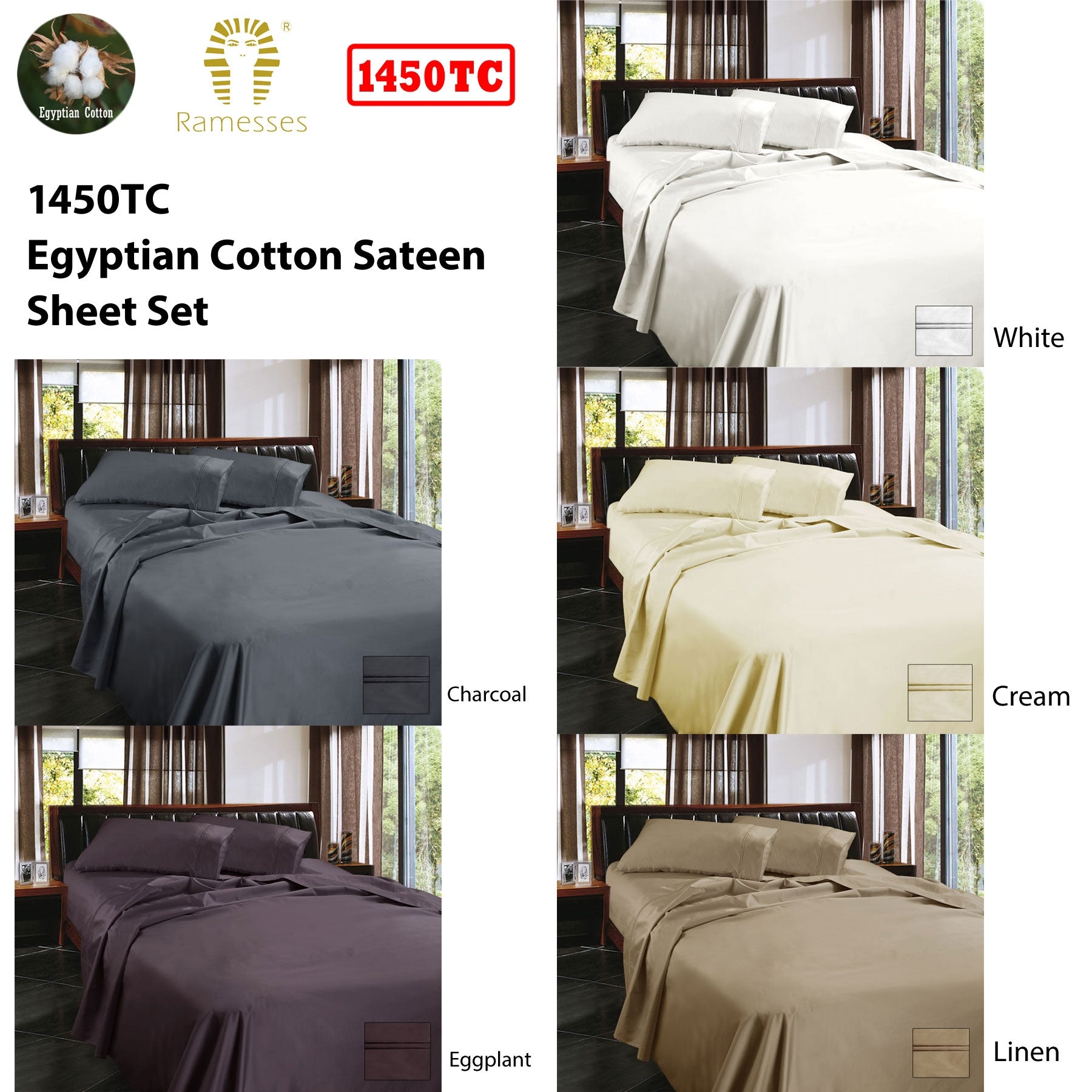Ramesses 1450TC Egyptian Cotton Sateen Sheet Set Cream Queen V442-KIT-SHEETS-1450TCEGYPTIANCOTTON-CREAM-QS