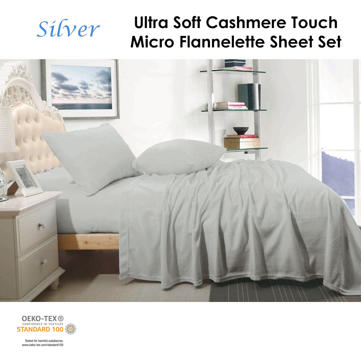 Shangri La Cashmere Touch Micro Flannelette Sheet Set Silver Queen V442-KIT-SHEETS-CASHMEREFLANNEL-SILVER-QS