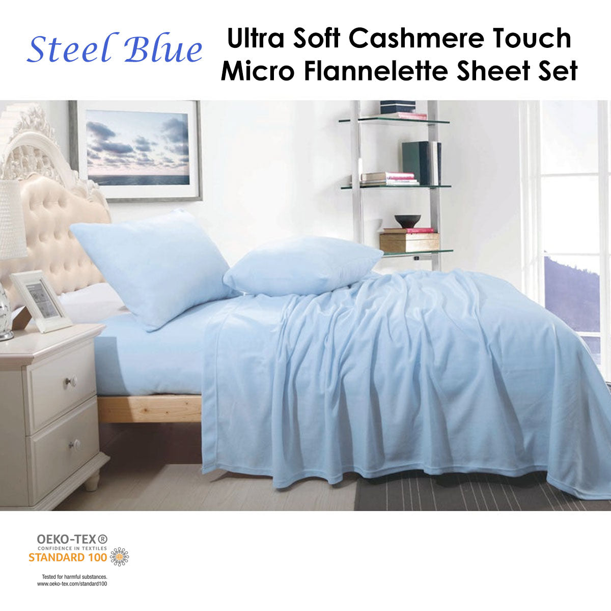 Shangri La Ultra Soft Cashmere Touch Micro Flannelette Sheet Set Steel Blue Queen V442-KIT-SHEETS-CASHMEREFLANNEL-STEELBLUE-QS