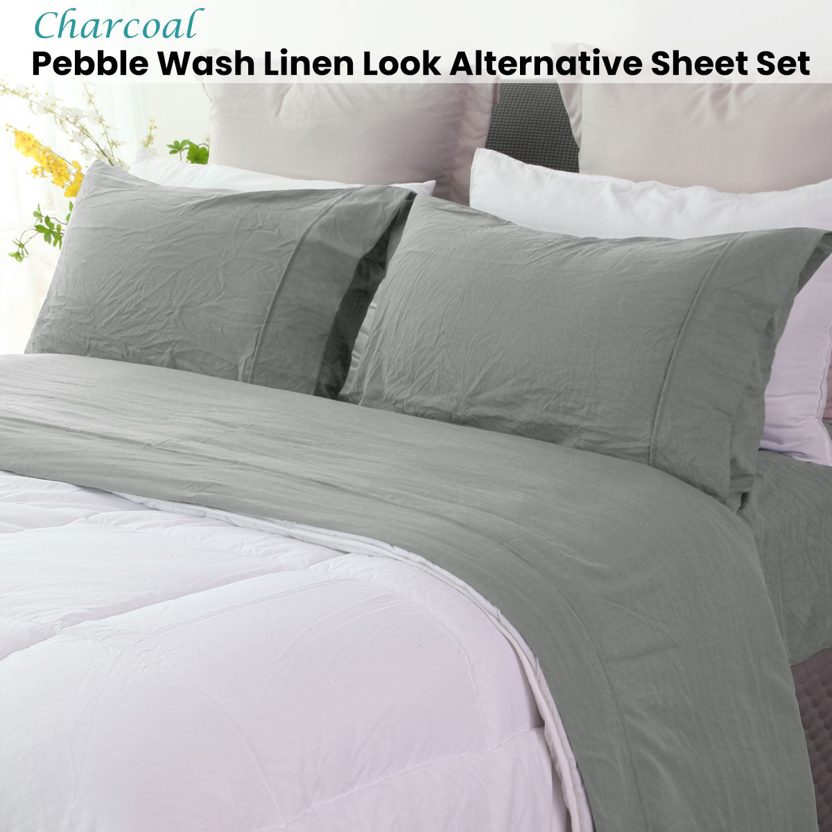 Ramesses Charcoal Pebble Wash Linen Look Alternative Sheet Set Double V442-KIT-SHEETS-PEBBLEWASHLINEN-CHARCOAL-DS