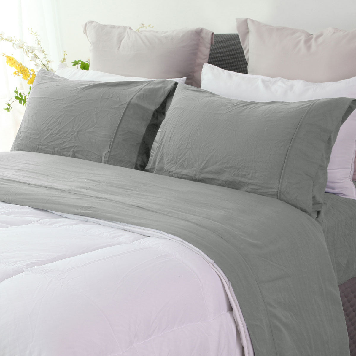 Ramesses Charcoal Pebble Wash Linen Look Alternative Sheet Set Single V442-KIT-SHEETS-PEBBLEWASHLINEN-CHARCOAL-SB