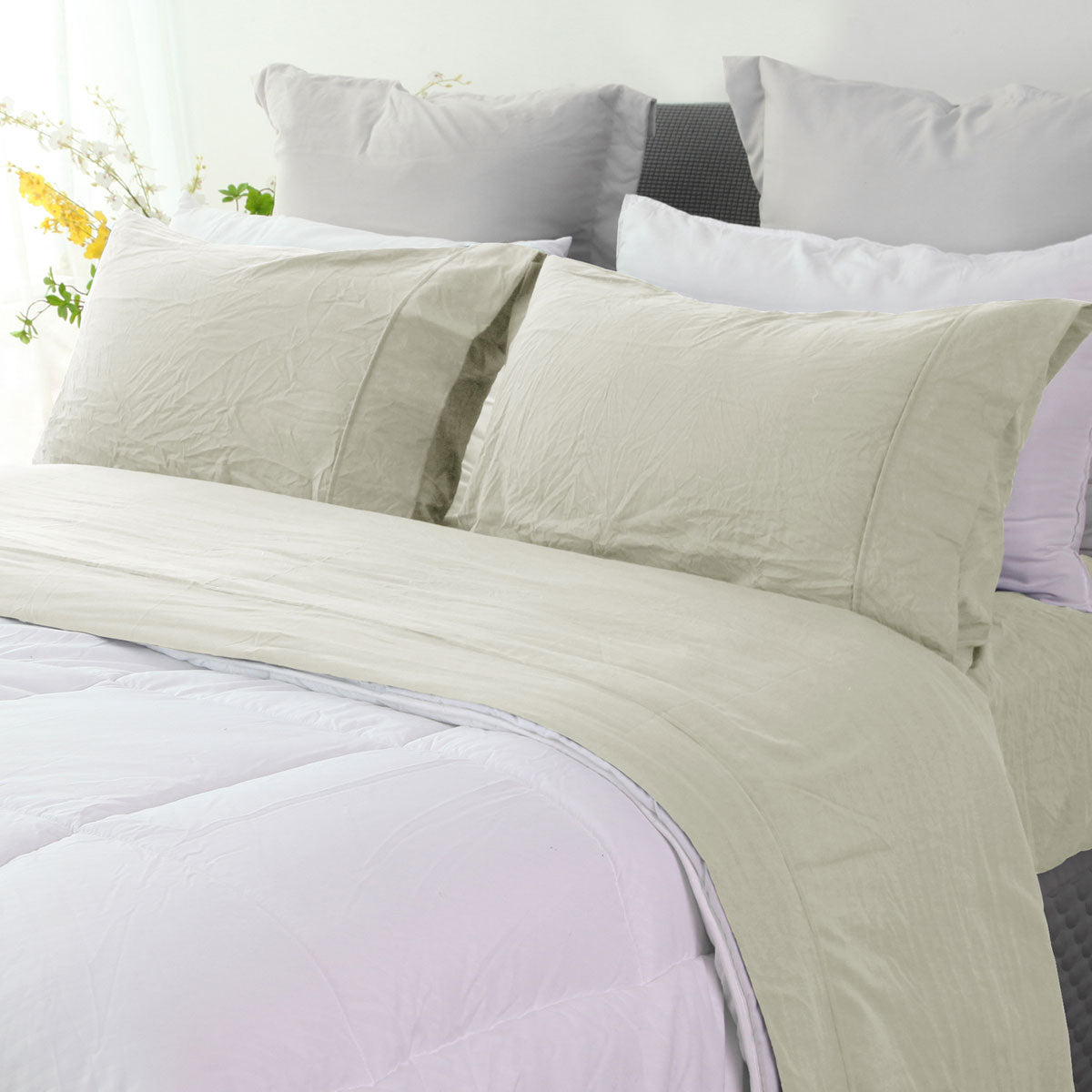 Ramesses Oatmeal Pebble Wash Linen Look Alternative Sheet Set Single V442-KIT-SHEETS-PEBBLEWASHLINEN-OATMEAL-SB