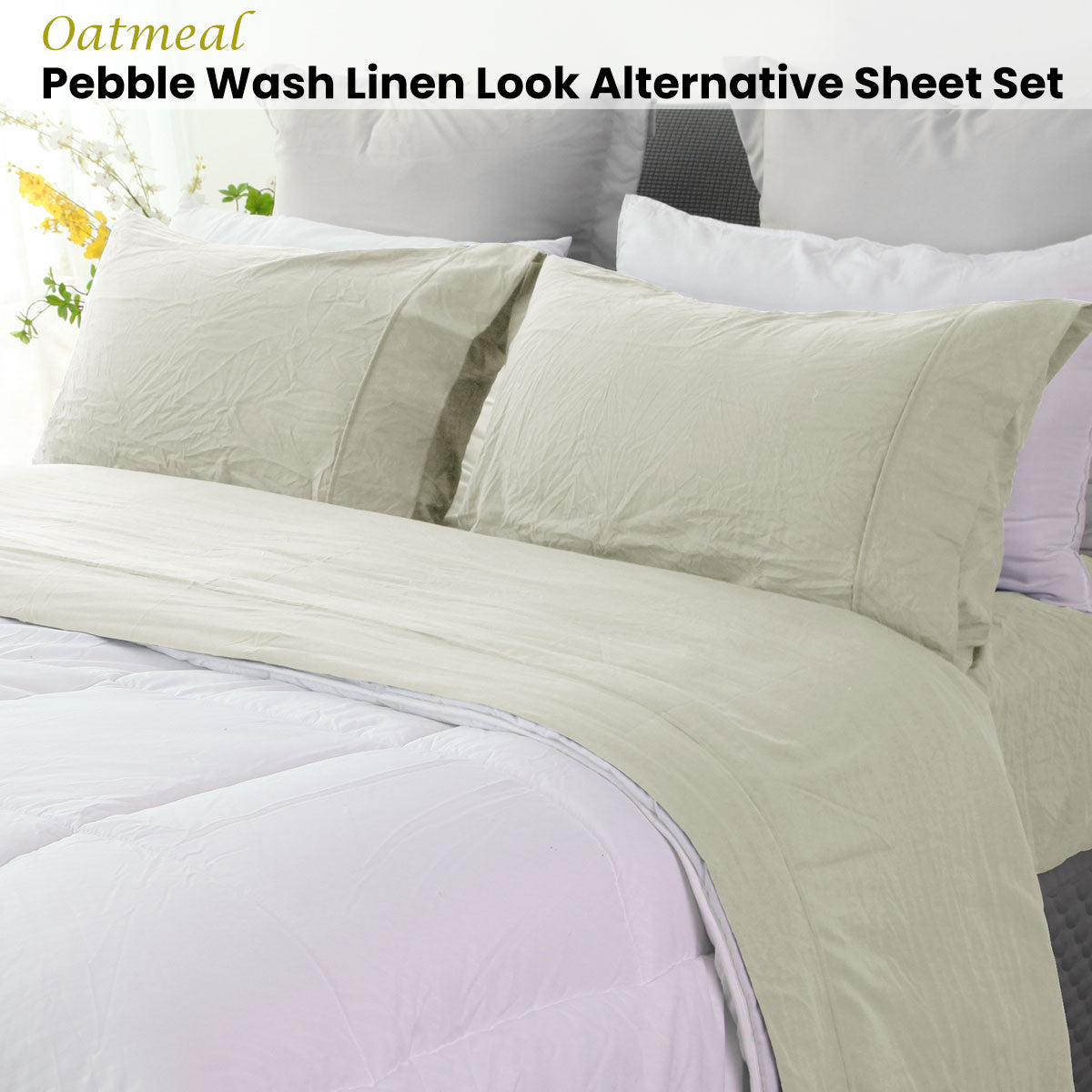 Ramesses Oatmeal Pebble Wash Linen Look Alternative Sheet Set Single V442-KIT-SHEETS-PEBBLEWASHLINEN-OATMEAL-SB
