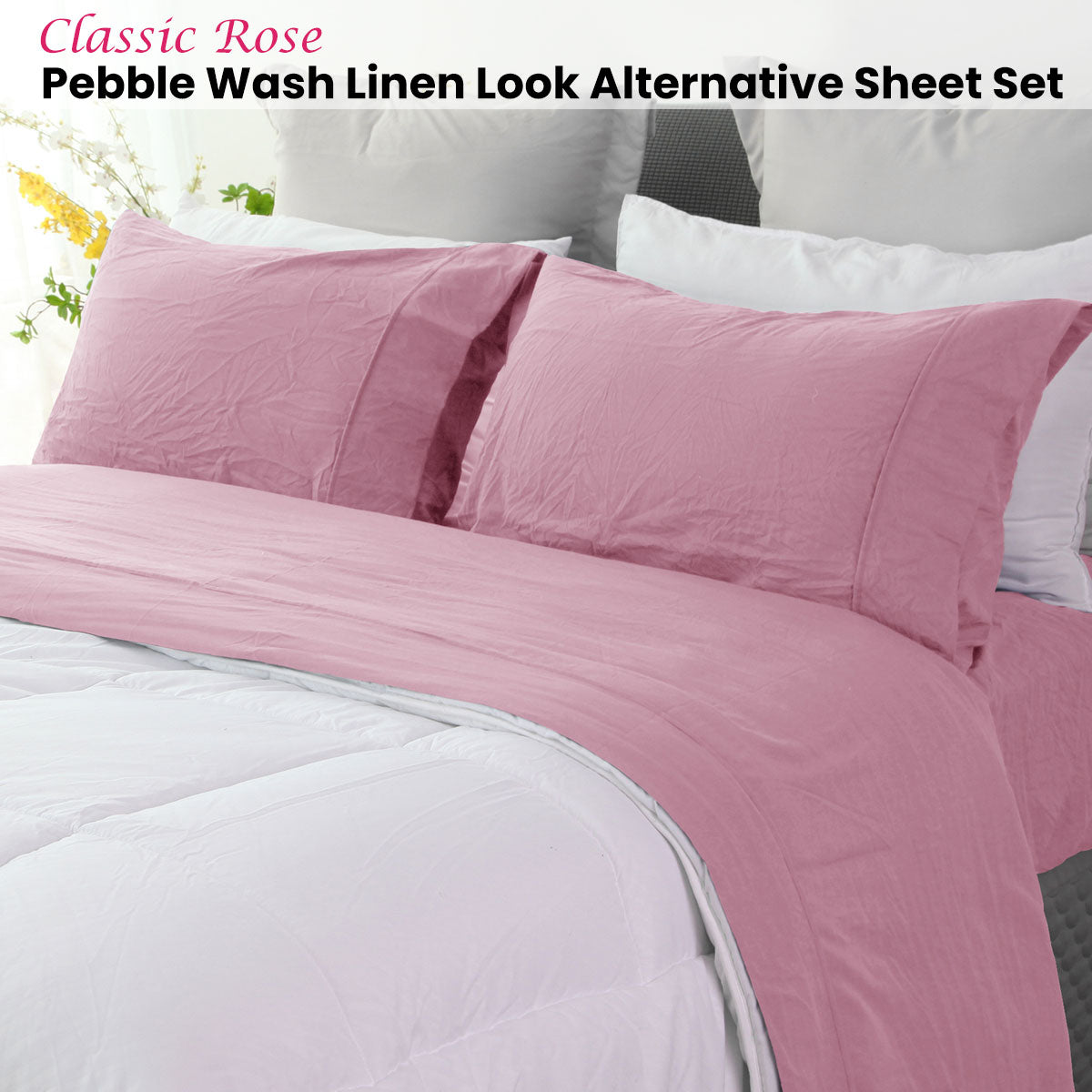 Ramesses Classic Rose Pebble Wash Linen Look Alternative Sheet Set Queen V442-KIT-SHEETS-PEBBLEWASHLINEN-ROSE-QS