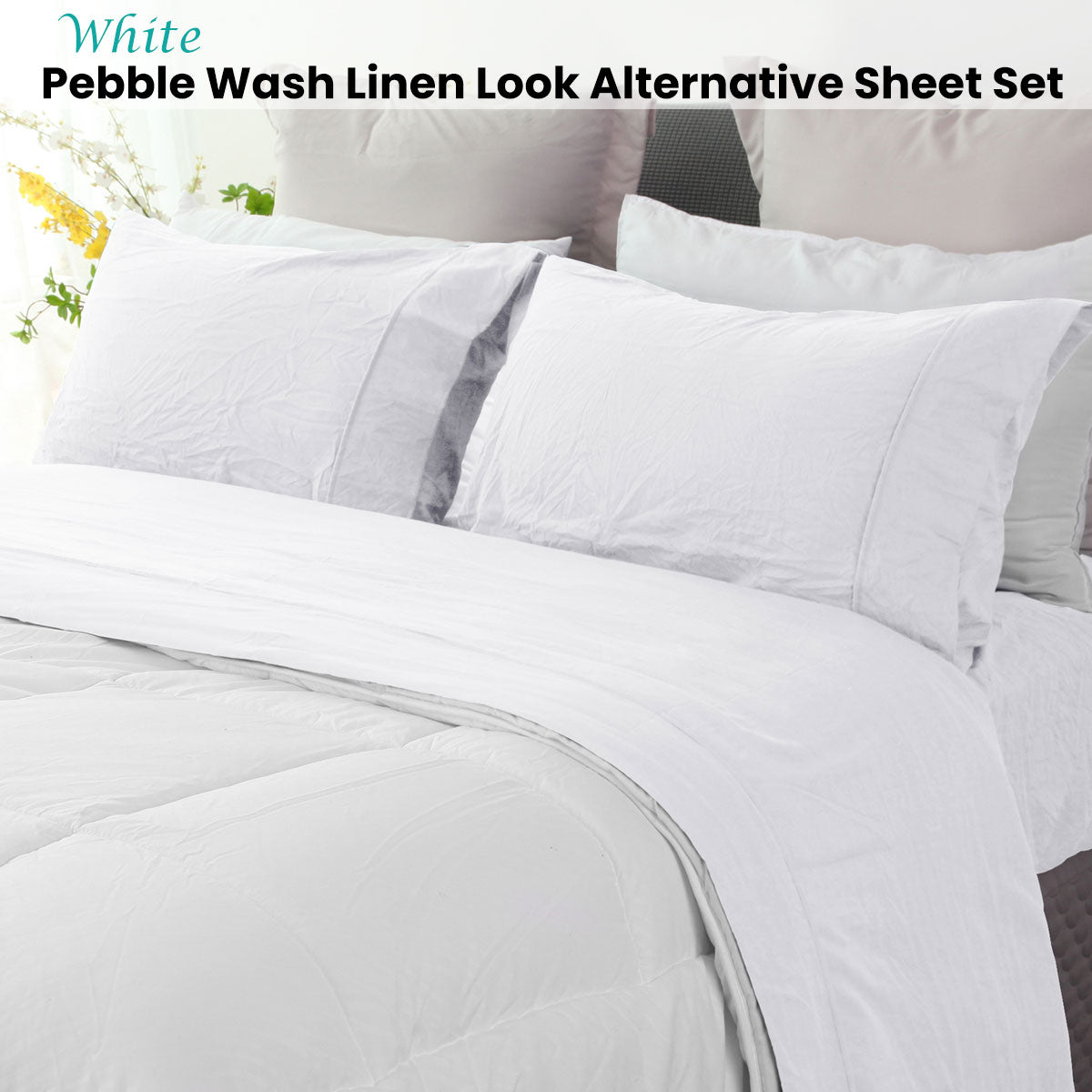 Ramesses White Pebble Wash Linen Look Alternative Sheet Set Queen V442-KIT-SHEETS-PEBBLEWASHLINEN-WHITE-QS