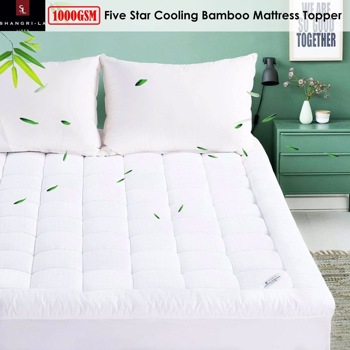 Shangri La 1000GSM Five Star Cooling Bamboo Mattress Topper Single V442-KIT-TOPPER-1000GSMBAMBOO-WHITE-SB