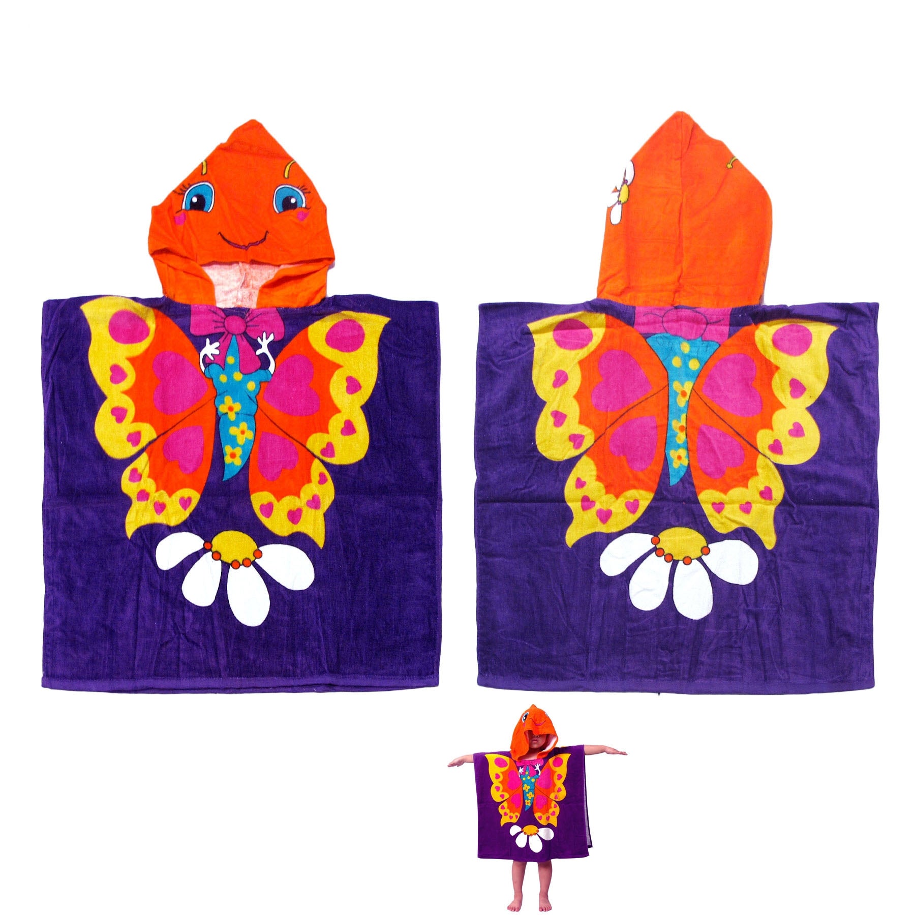 Cute Kids Cotton Hooded Towel Poncho 60 x 120 cm Butterfly V442-KIT-TOWEL-HOODEDBUTTERFLY-PURPLE-SH