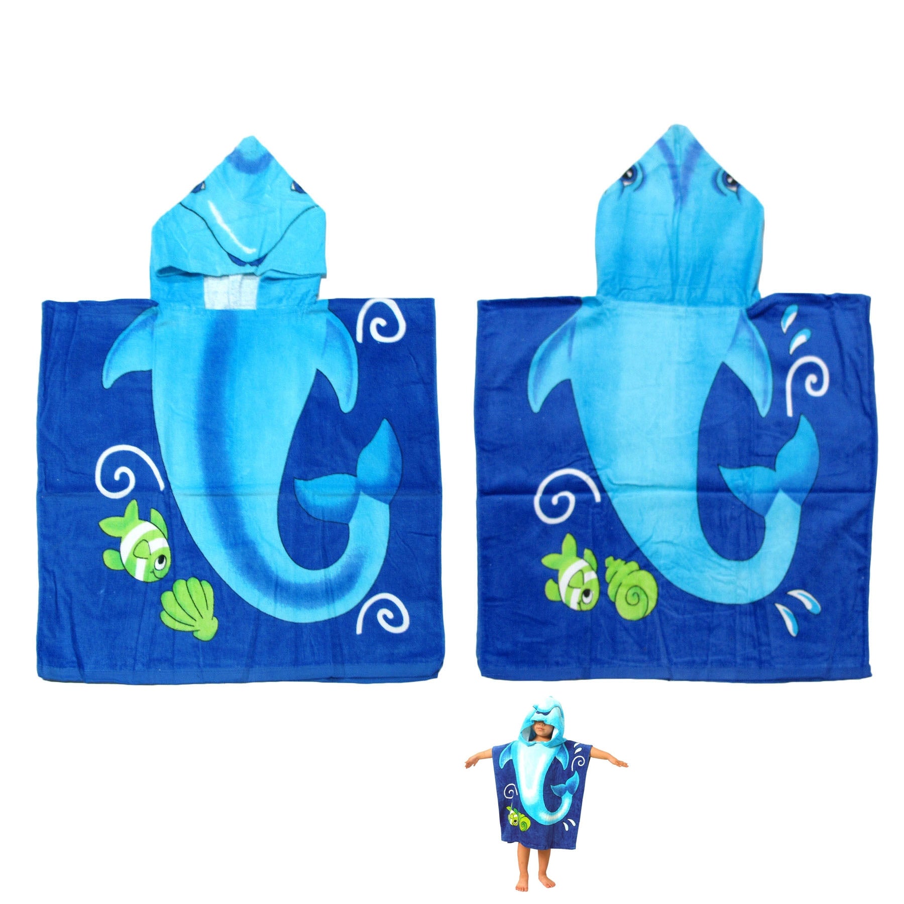 Cute Kids Cotton Hooded Towel Poncho 60 x 120 cm Dolphin V442-KIT-TOWEL-HOODEDDOLPHIN-BLUE-SH