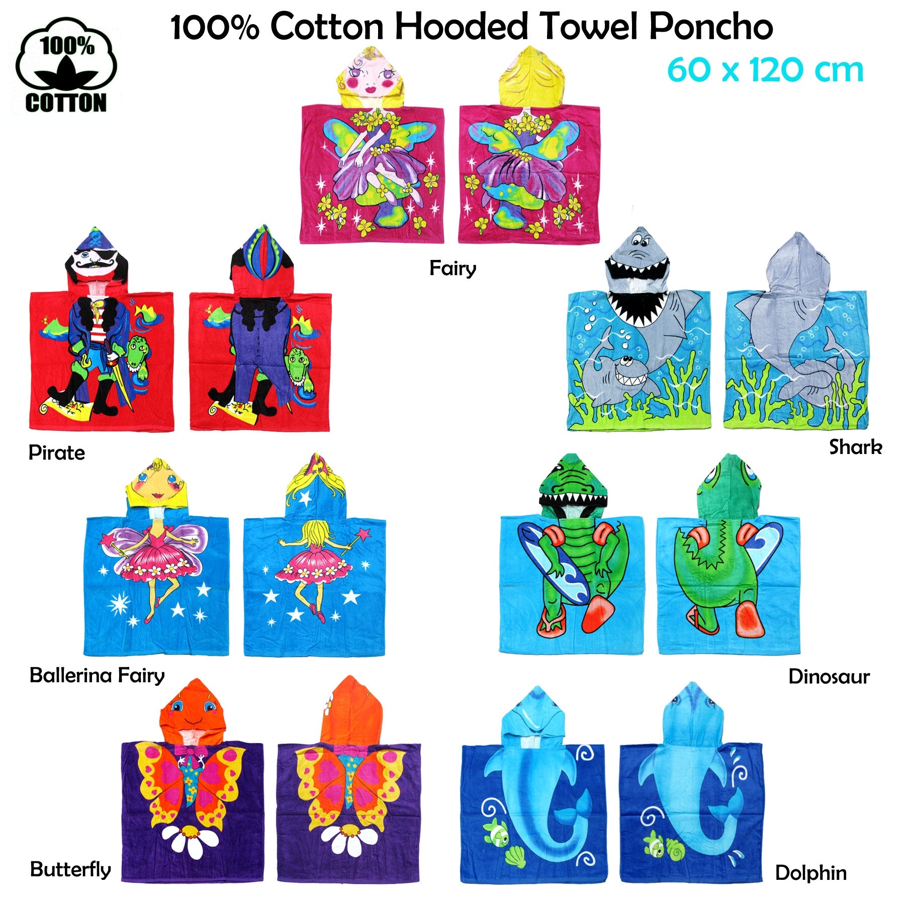 Cute Kids Cotton Hooded Towel Poncho 60 x 120 cm Dolphin V442-KIT-TOWEL-HOODEDDOLPHIN-BLUE-SH