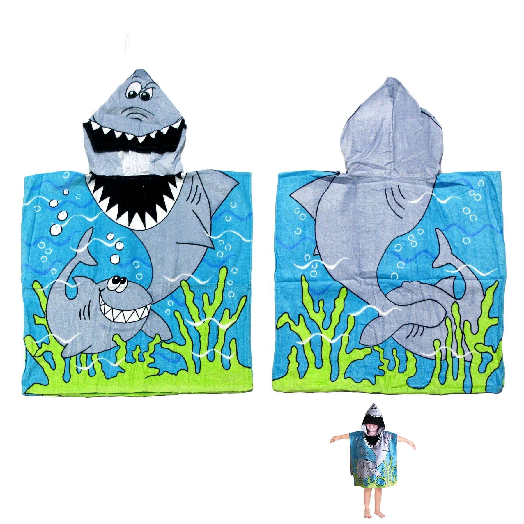 Cute Kids Cotton Hooded Towel Poncho 60 x 120 cm Shark V442-KIT-TOWEL-HOODEDSHARK-BLUE-SH