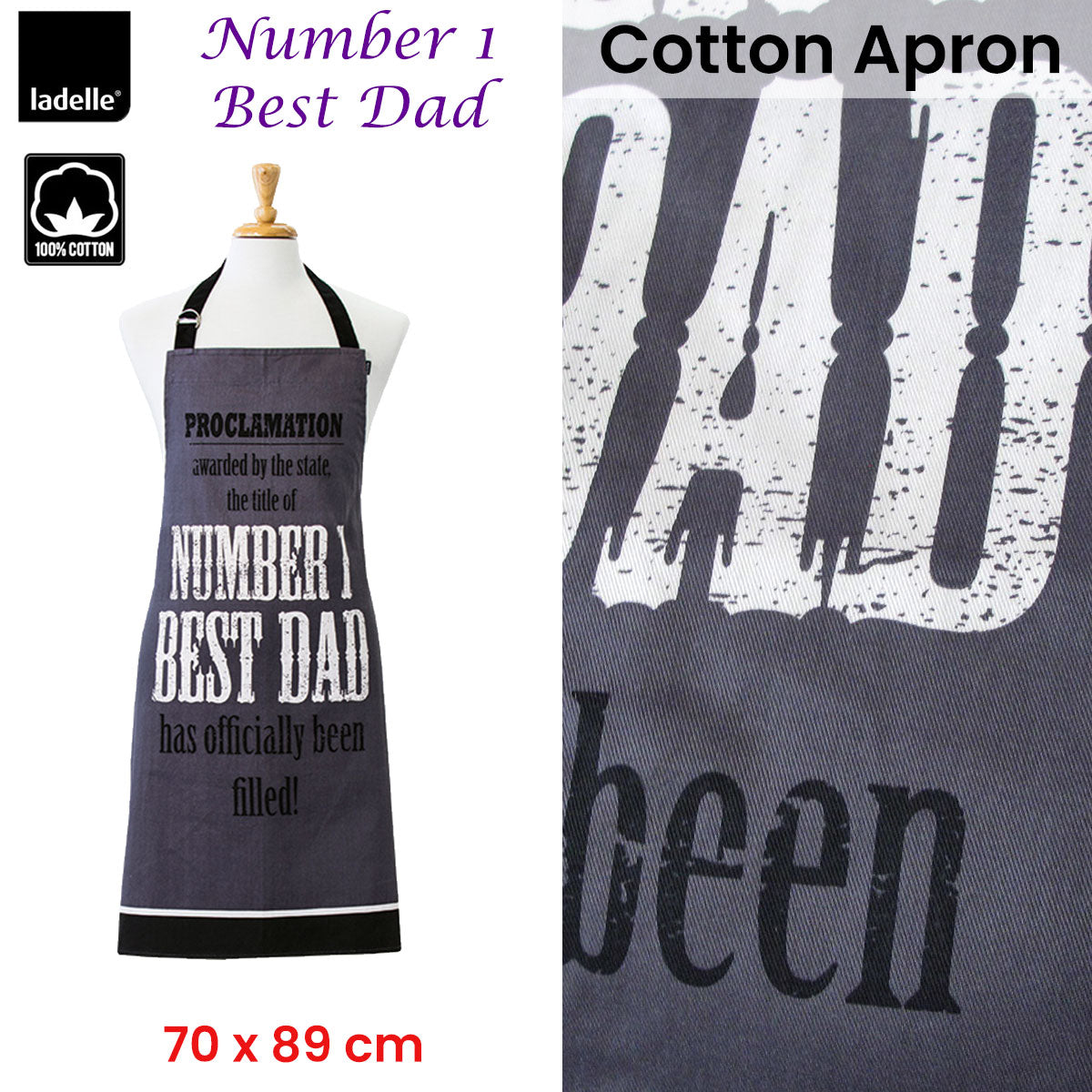 Ladelle Number 1 Best Dad Cotton Apron 70 x 89 cm V442-LDE-APRON-BESTDAD-CHARCOAL-SH